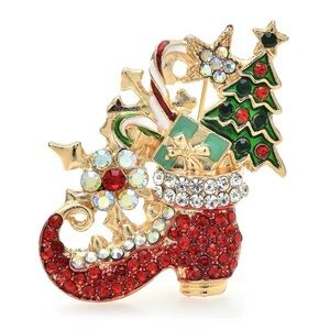 Festive Red and Green Crystal Christmas Stocking Brooch - Women Jewelry